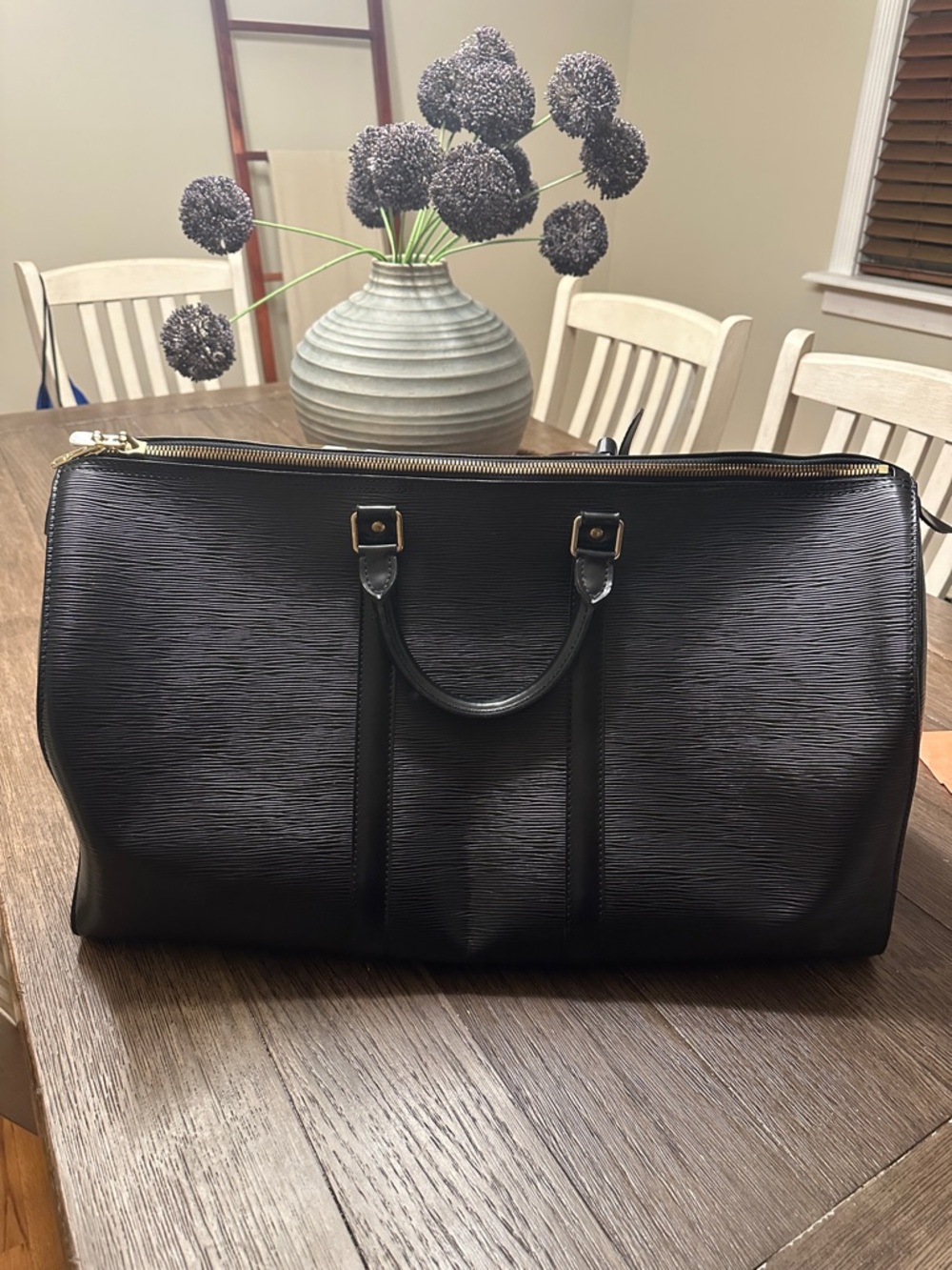 Louis Vuitton Black Textured Leather Duffel Bag with Gold Hardware COA included